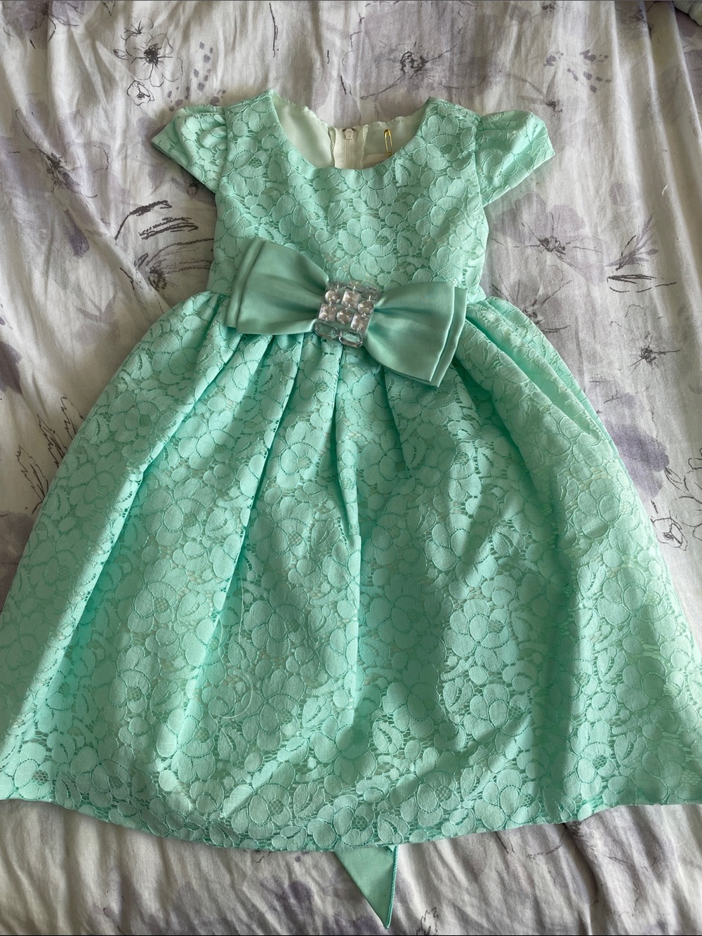 Girls Mint Lace Bow Party Dress with Jewel Accent